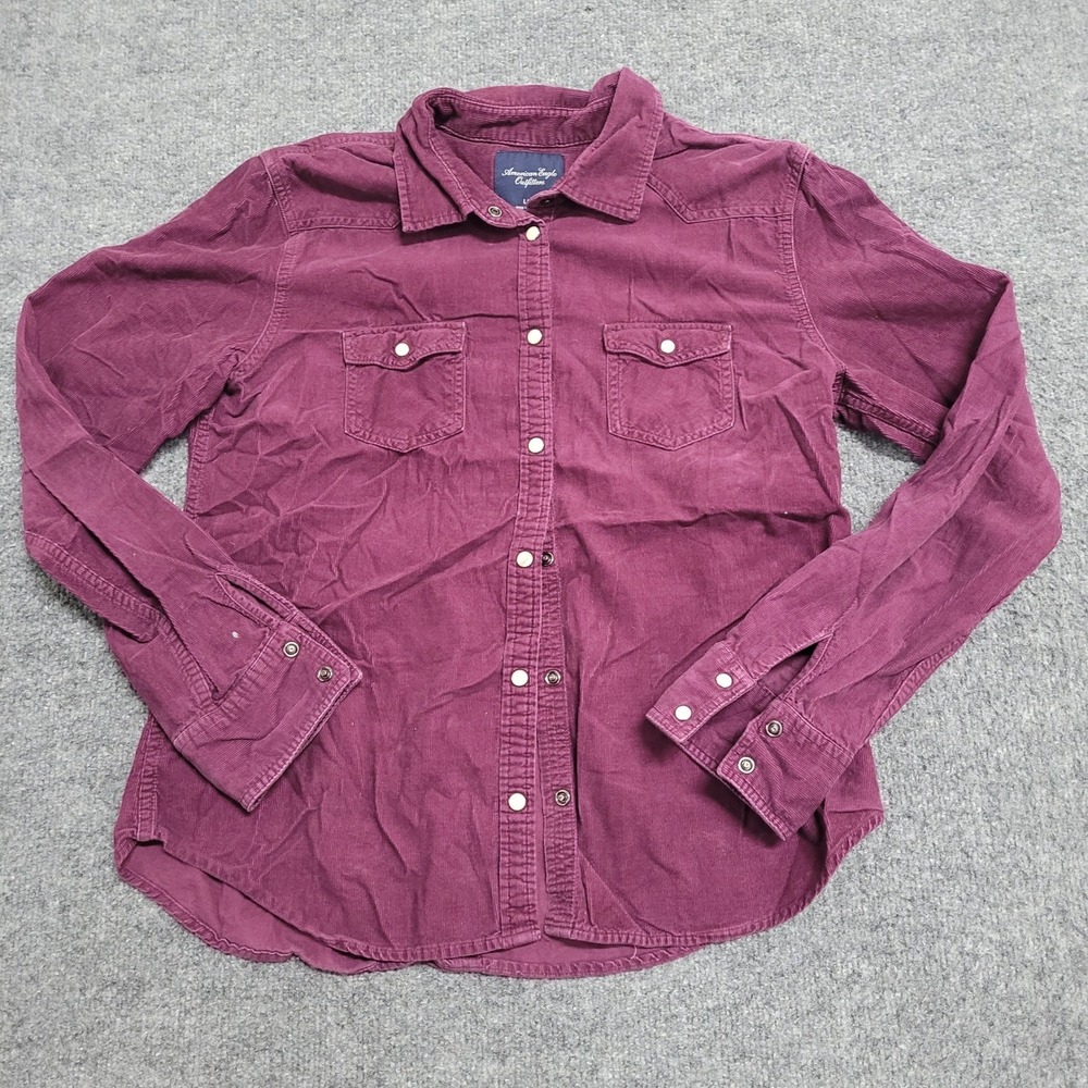 American Eagle Shirt Womens Size L Burgundy Corduroy Western Snap Button Down